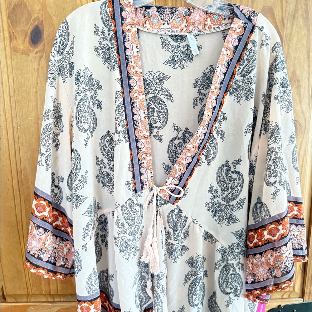 Xhilaration Cream Paisley Tie-Front Swim Coverup with Black & Orange Trim